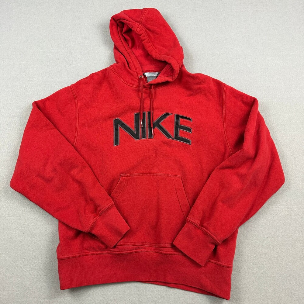Vintage Nike Hoodie Men Medium Red Solid Block Spell Out Pullover Sweatshirt Y2K